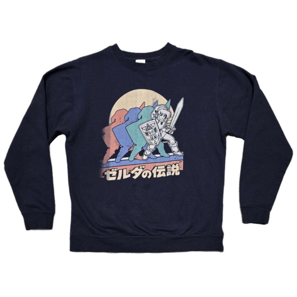 Retro Nintendo Legend of Zelda Link Sweatshirt Men's Medium Navy‎ Japanese Print